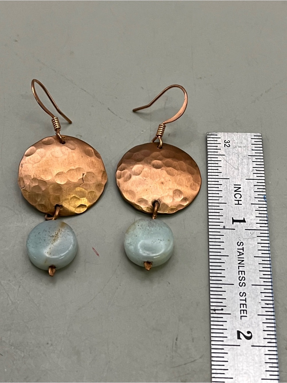 Handmade Hammered Copper Amazonite Dangle Earrings Boho Artisan Gemstone Disc - Picture 3 of 3